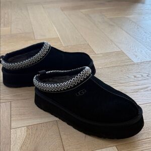 UGG Black Suede Slip-Ons with Patterned Trim